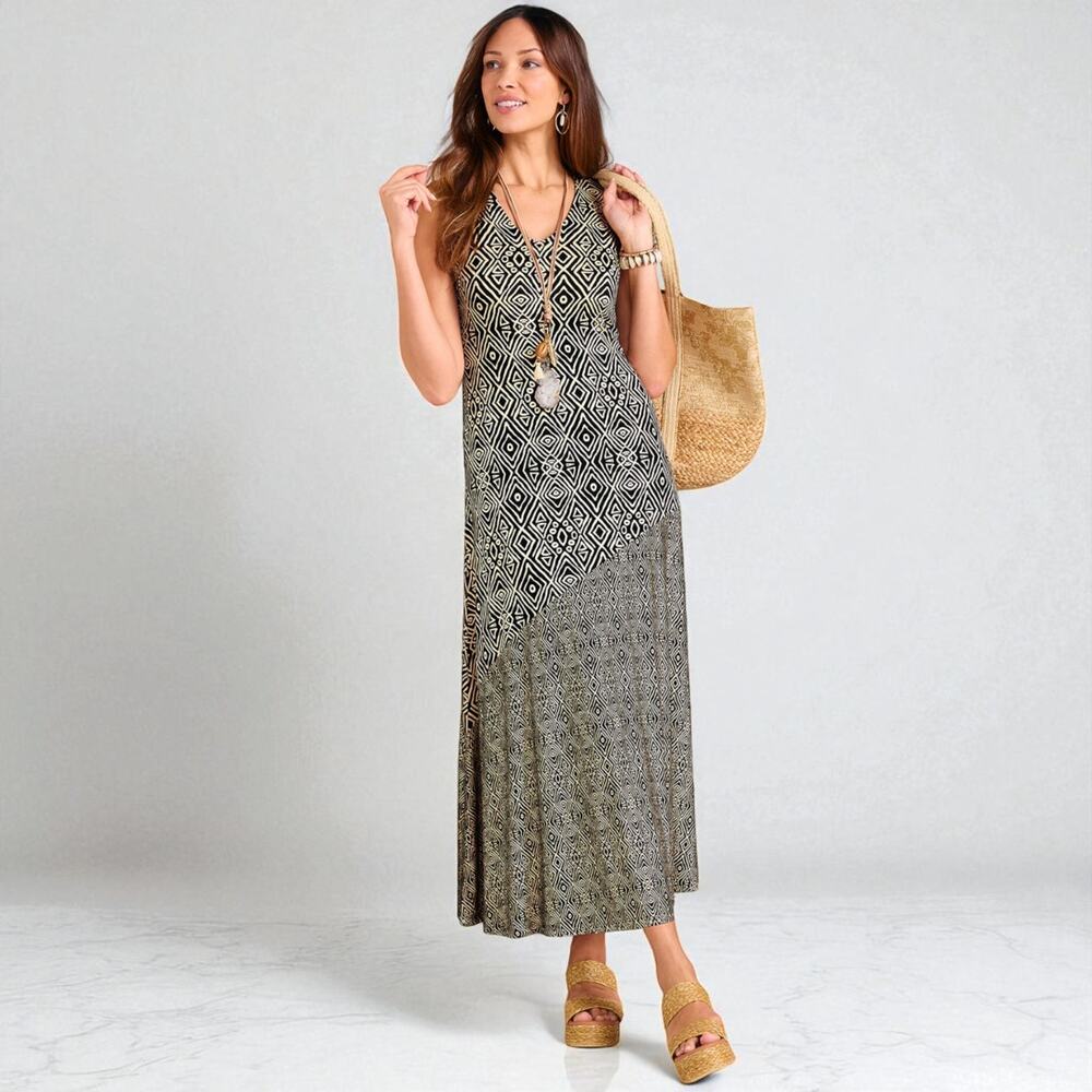 Soft Surroundings Tulum Sleeveless Maxi Dress Medium Tribal Hickory Brown Boho